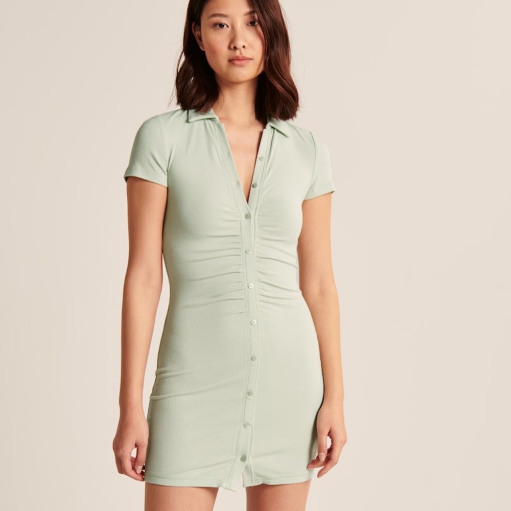 ❤️ Abercrombie Ruched Knit Polo Mini Dress Light Green Tall